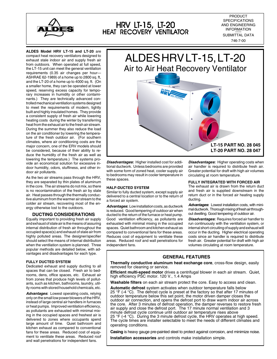 American Aldes Heat Recovery Ventilator LT-20 User Manual | 2 pages