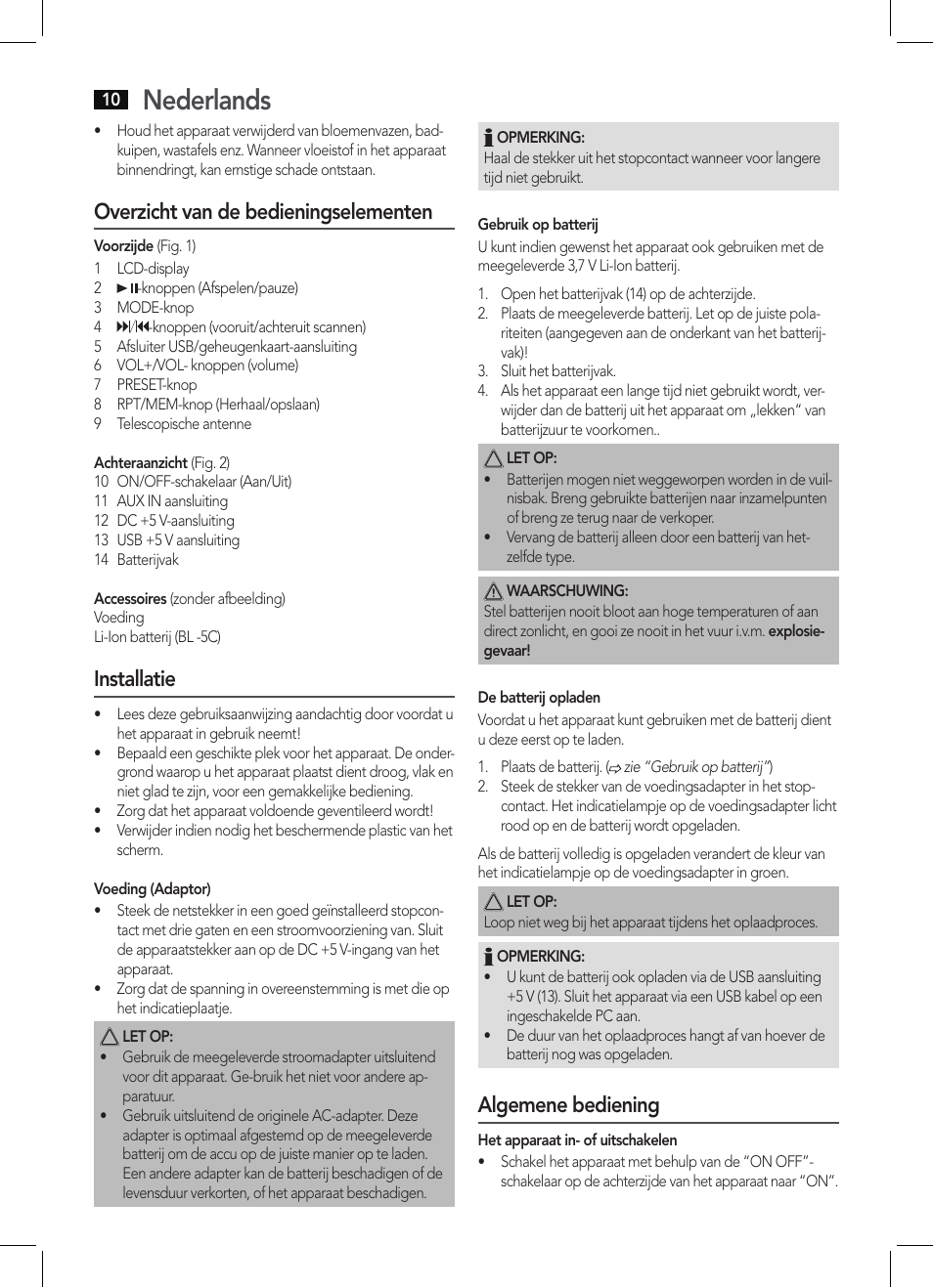 Nederlands, Overzicht van de bedieningselementen, Installatie | Algemene bediening | AEG MMR 4128 User Manual | Page 10 / 34