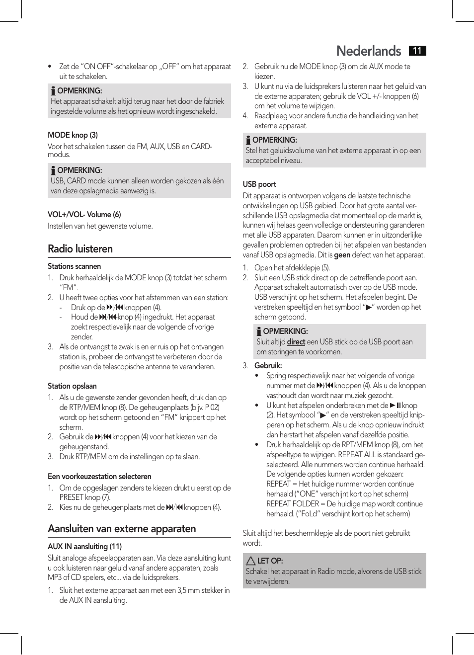 Nederlands, Radio luisteren, Aansluiten van externe apparaten | AEG MMR 4128 User Manual | Page 11 / 34