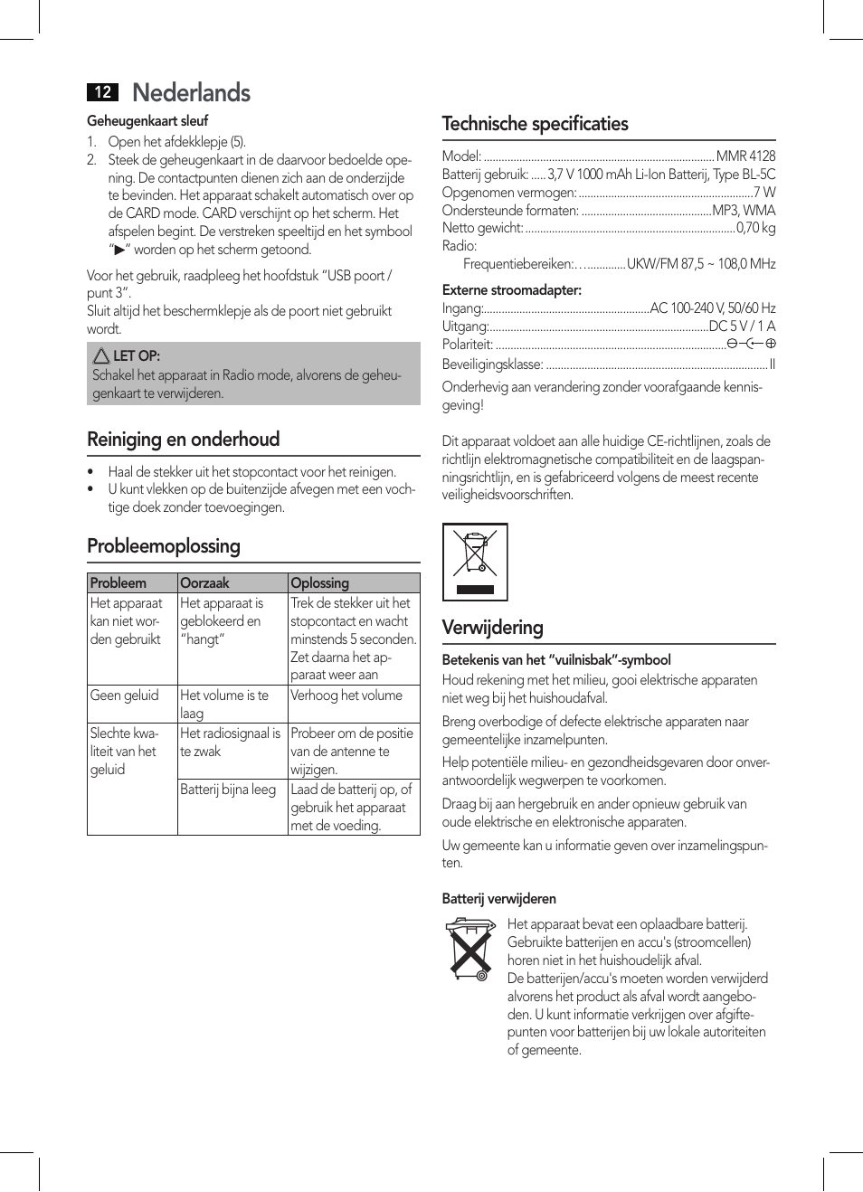 Nederlands, Reiniging en onderhoud, Probleemoplossing | Technische specificaties, Verwijdering | AEG MMR 4128 User Manual | Page 12 / 34