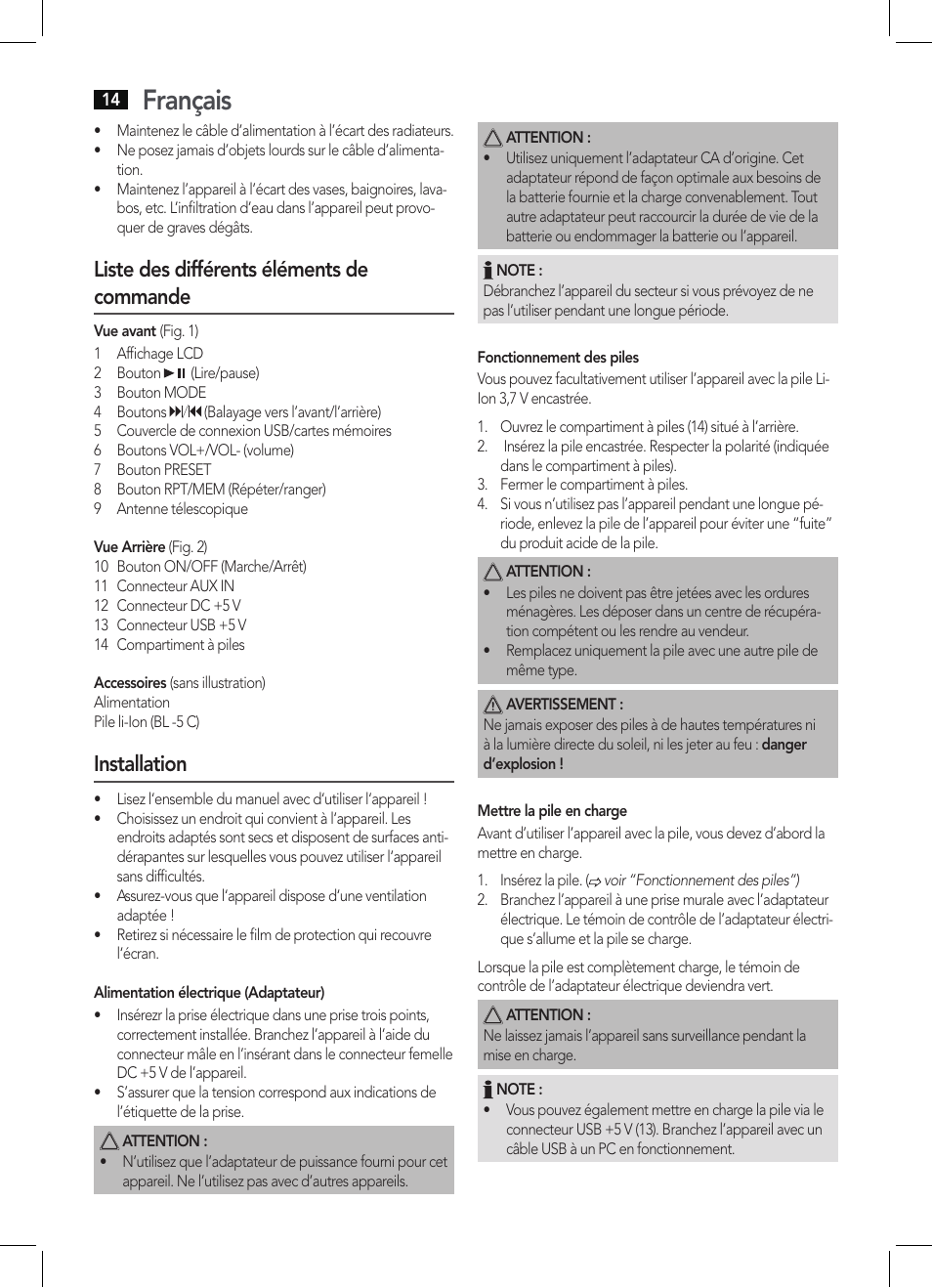 Français, Liste des différents éléments de commande, Installation | AEG MMR 4128 User Manual | Page 14 / 34