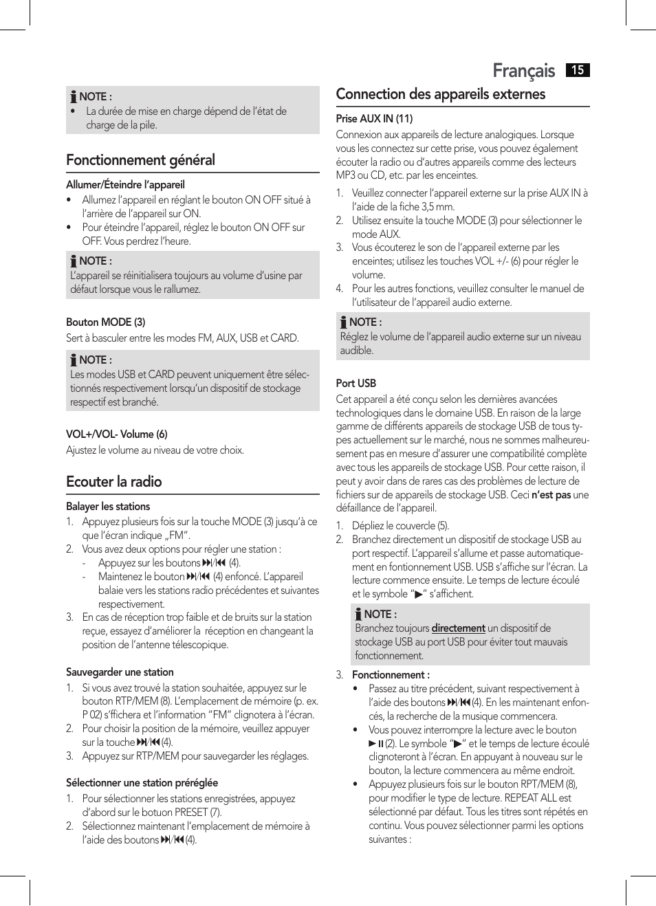 Français, Fonctionnement général, Ecouter la radio | Connection des appareils externes | AEG MMR 4128 User Manual | Page 15 / 34