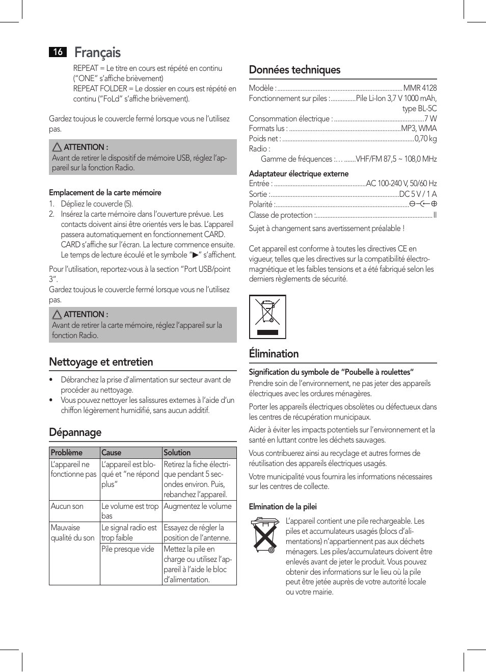 Français, Nettoyage et entretien, Dépannage | Données techniques, Élimination | AEG MMR 4128 User Manual | Page 16 / 34