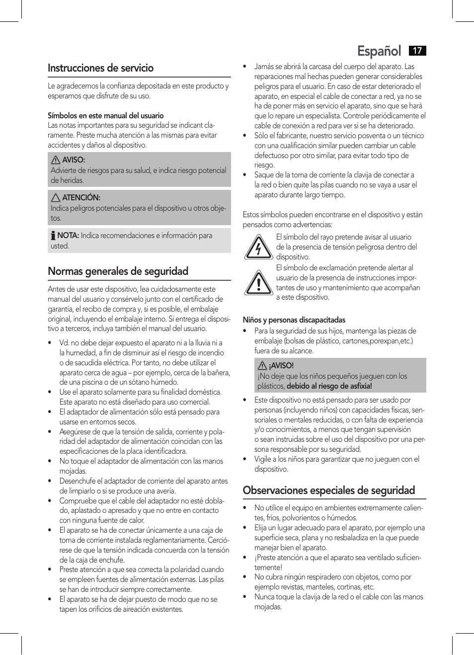 Español, Instrucciones de servicio, Normas generales de seguridad | Observaciones especiales de seguridad | AEG MMR 4128 User Manual | Page 17 / 34