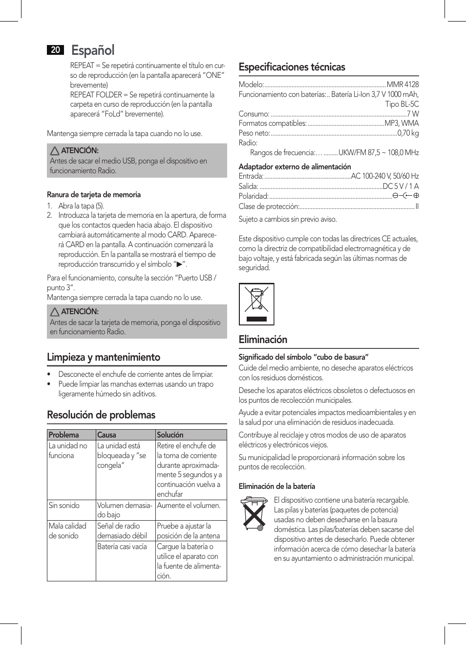 Español, Limpieza y mantenimiento, Resolución de problemas | Especificaciones técnicas, Eliminación | AEG MMR 4128 User Manual | Page 20 / 34