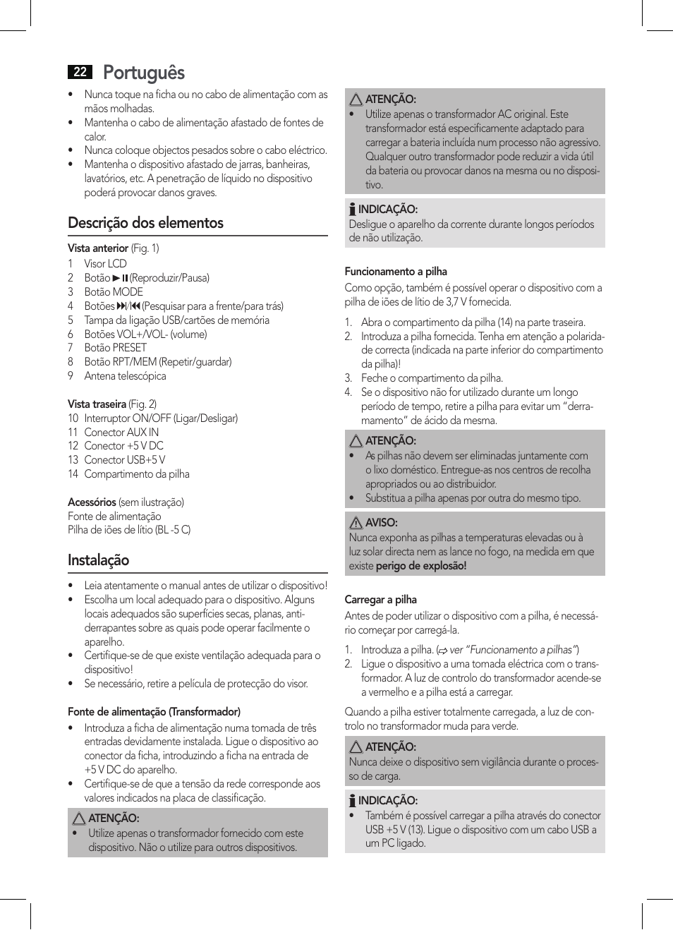 Português, Descrição dos elementos, Instalação | AEG MMR 4128 User Manual | Page 22 / 34