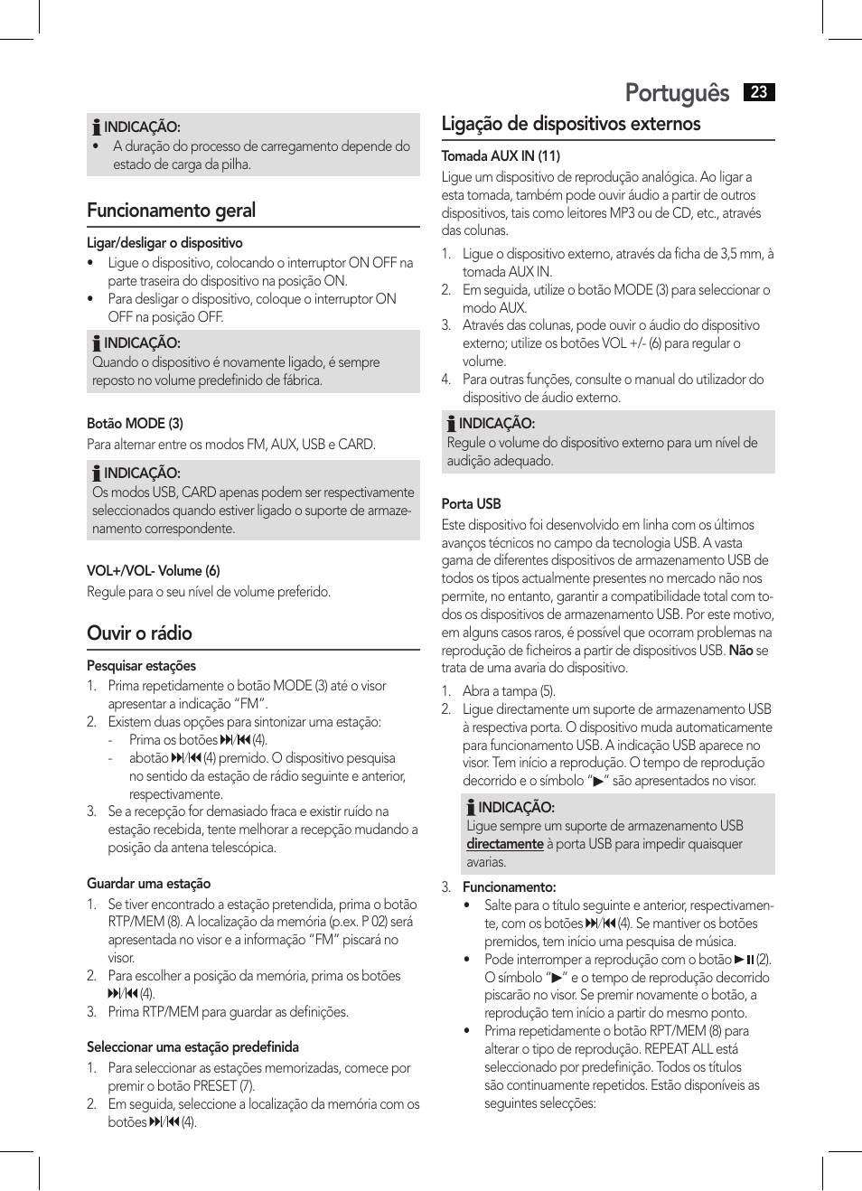 Português, Funcionamento geral, Ouvir o rádio | Ligação de dispositivos externos | AEG MMR 4128 User Manual | Page 23 / 34