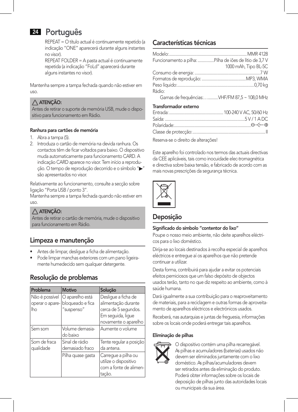 Português, Limpeza e manutenção, Resolução de problemas | Características técnicas, Deposição | AEG MMR 4128 User Manual | Page 24 / 34