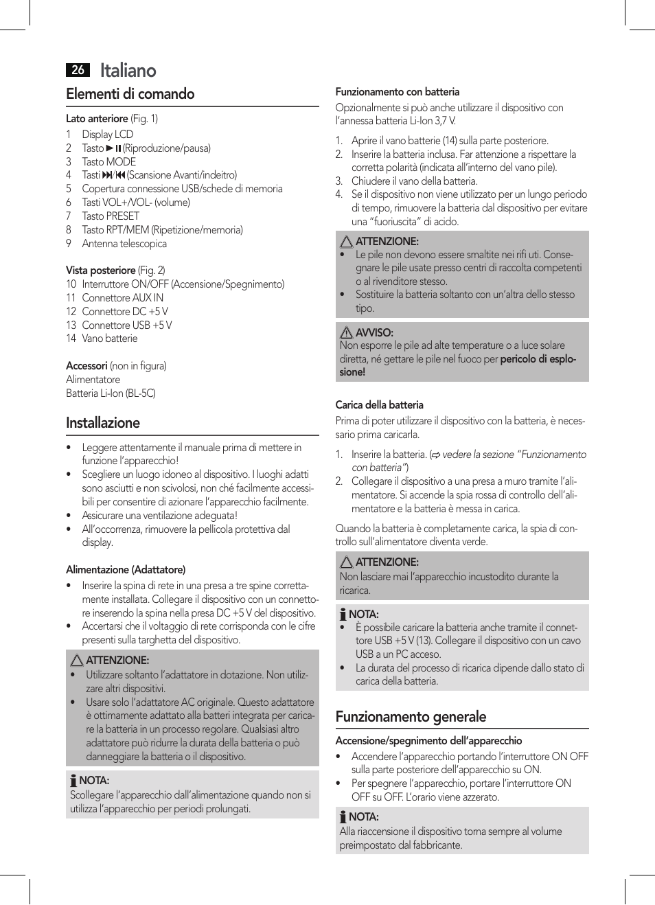 Italiano, Elementi di comando, Installazione | Funzionamento generale | AEG MMR 4128 User Manual | Page 26 / 34