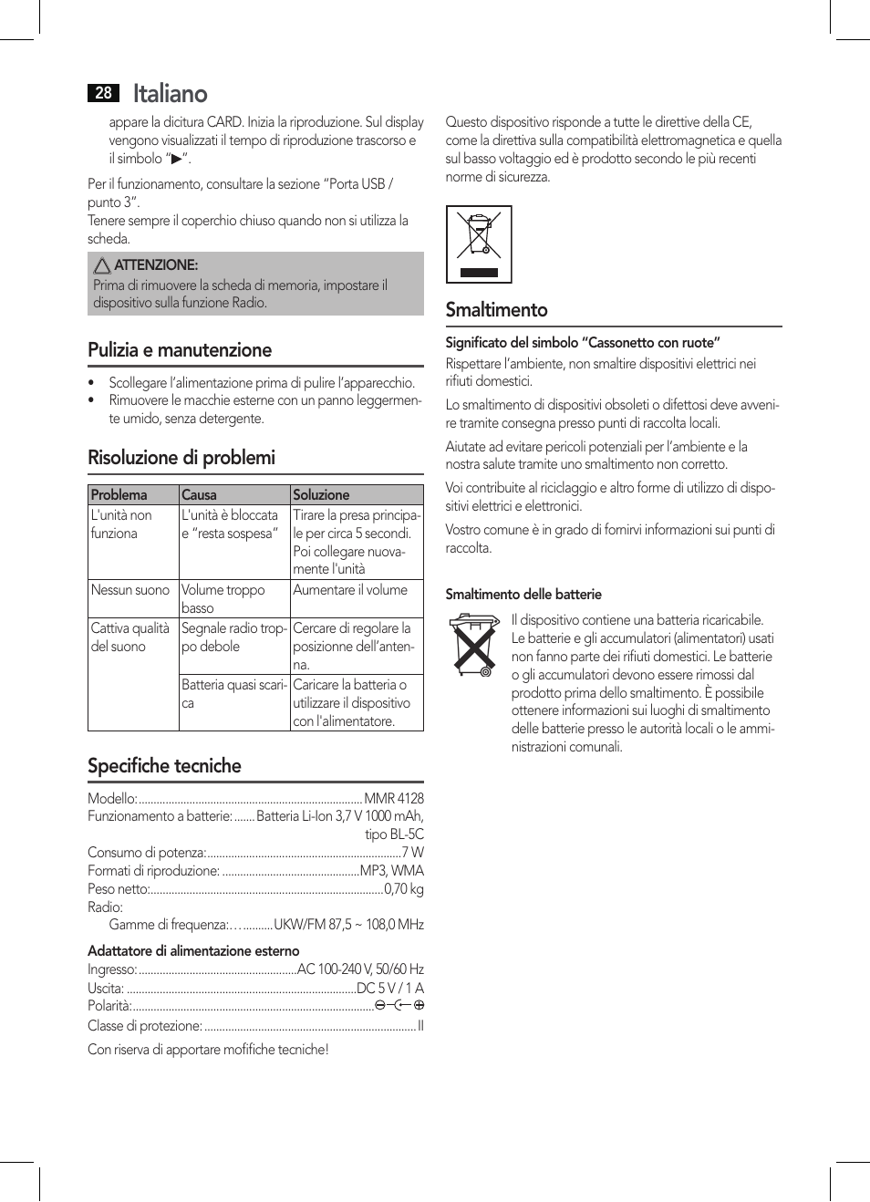 Italiano, Pulizia e manutenzione, Risoluzione di problemi | Specifiche tecniche, Smaltimento | AEG MMR 4128 User Manual | Page 28 / 34