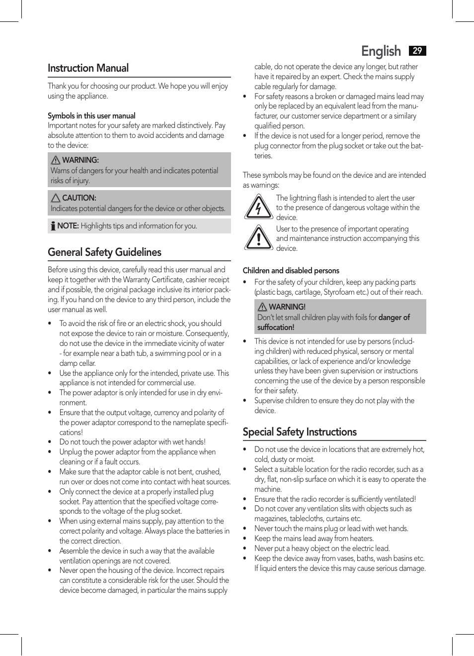 English, Instruction manual, General safety guidelines | Special safety instructions | AEG MMR 4128 User Manual | Page 29 / 34