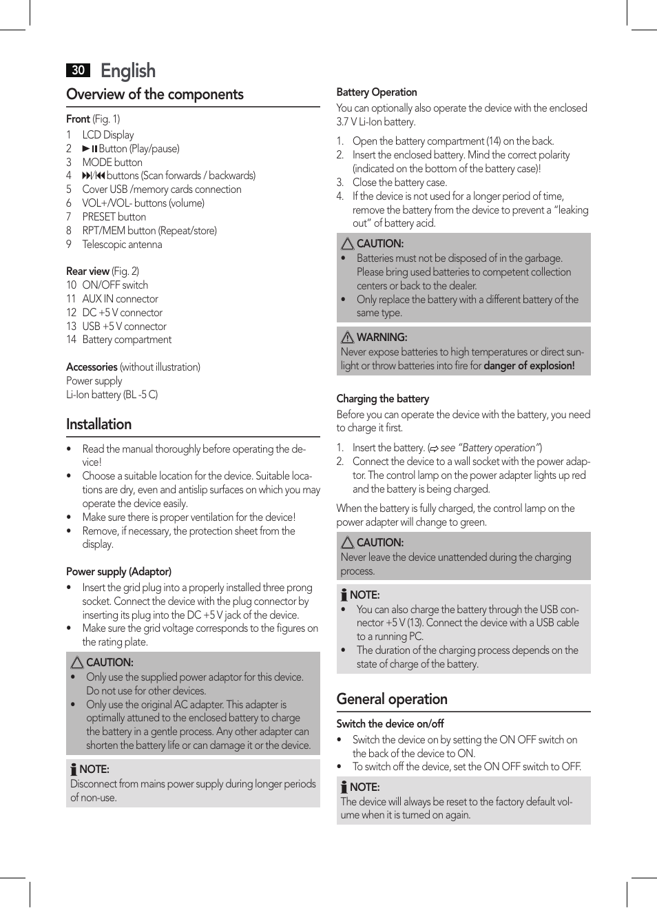 English, Overview of the components, Installation | General operation | AEG MMR 4128 User Manual | Page 30 / 34