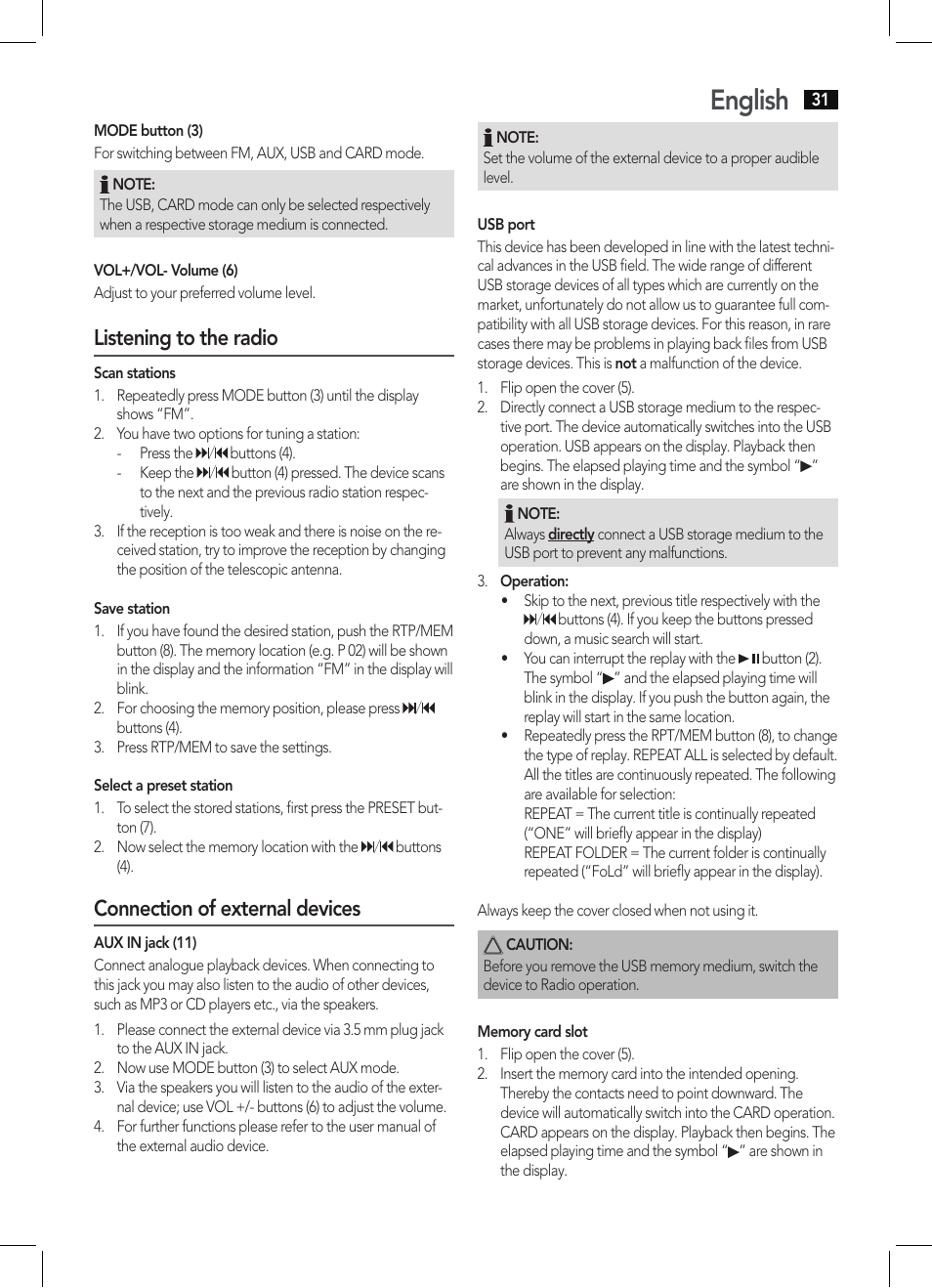 English, Listening to the radio, Connection of external devices | AEG MMR 4128 User Manual | Page 31 / 34