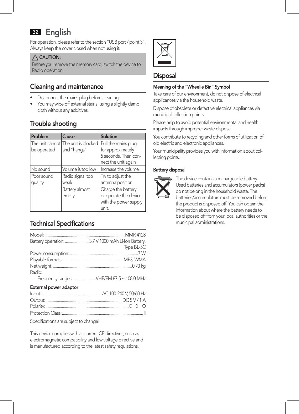 English, Cleaning and maintenance, Trouble shooting | Technical specifications, Disposal | AEG MMR 4128 User Manual | Page 32 / 34