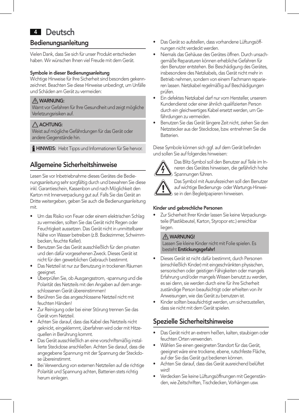 Deutsch, Bedienungsanleitung, Allgemeine sicherheitshinweise | Spezielle sicherheitshinweise | AEG MMR 4128 User Manual | Page 4 / 34