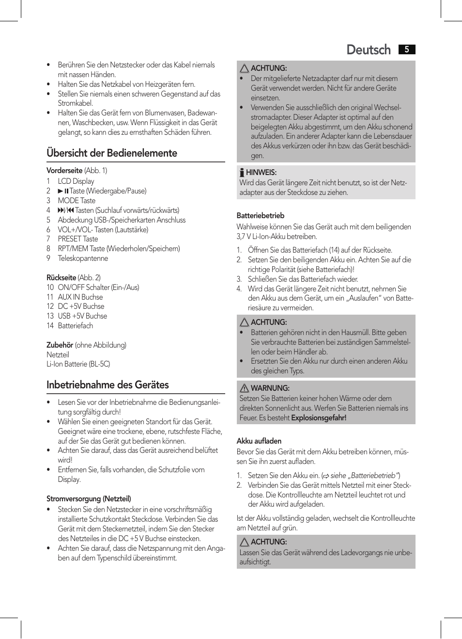 Deutsch, Übersicht der bedienelemente, Inbetriebnahme des gerätes | AEG MMR 4128 User Manual | Page 5 / 34