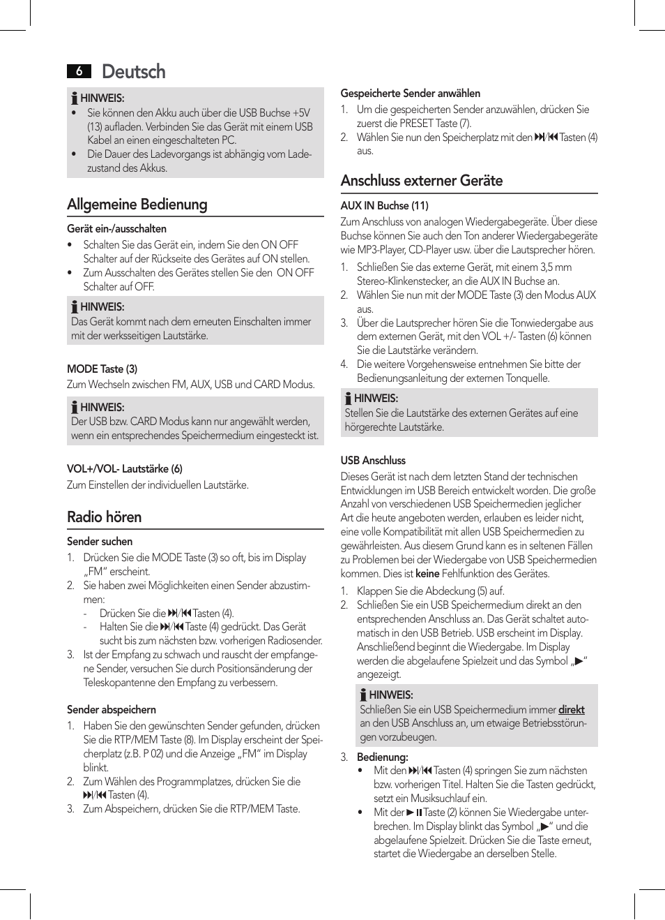 Deutsch, Allgemeine bedienung, Radio hören | Anschluss externer geräte | AEG MMR 4128 User Manual | Page 6 / 34