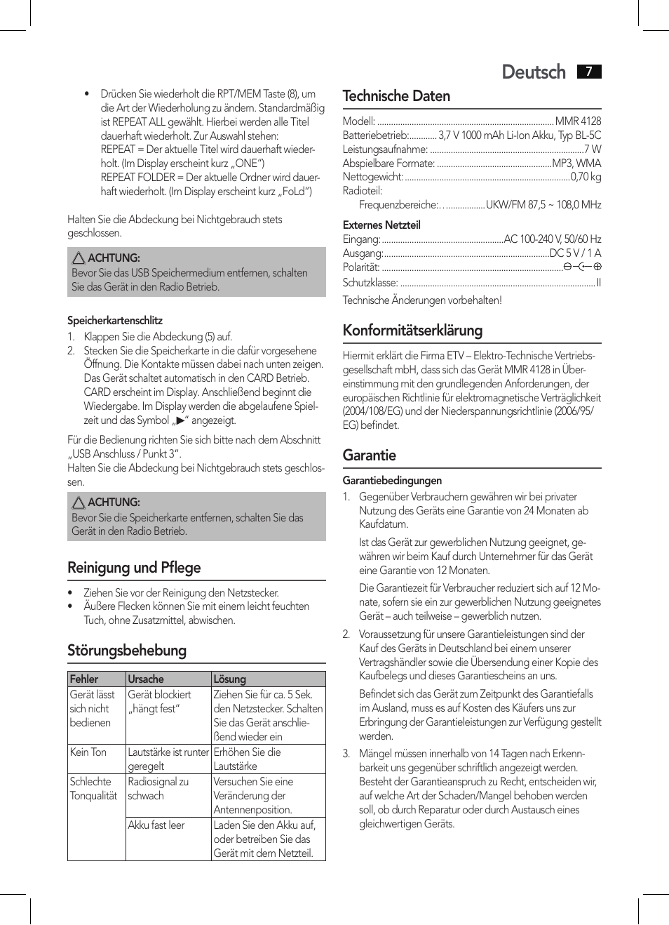 Deutsch, Reinigung und pflege, Störungsbehebung | Technische daten, Konformitätserklärung, Garantie | AEG MMR 4128 User Manual | Page 7 / 34