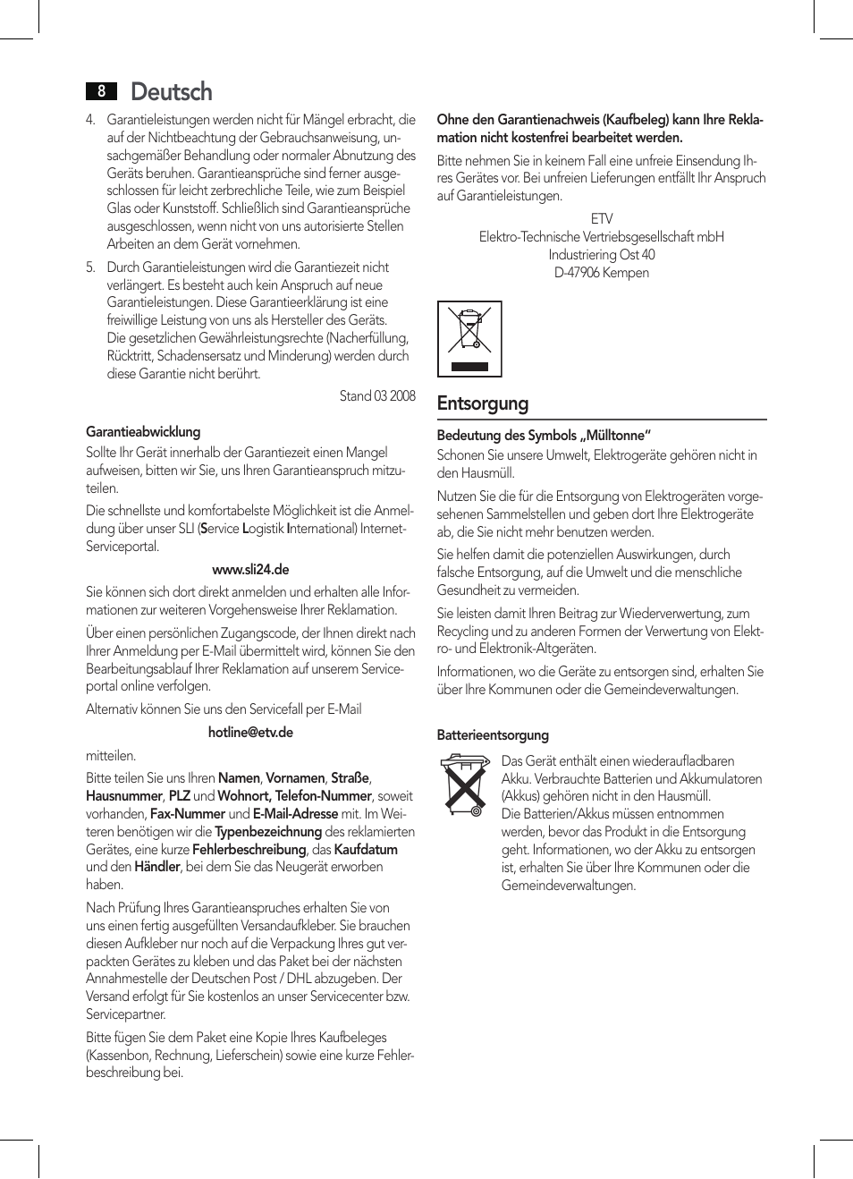 Deutsch, Entsorgung | AEG MMR 4128 User Manual | Page 8 / 34