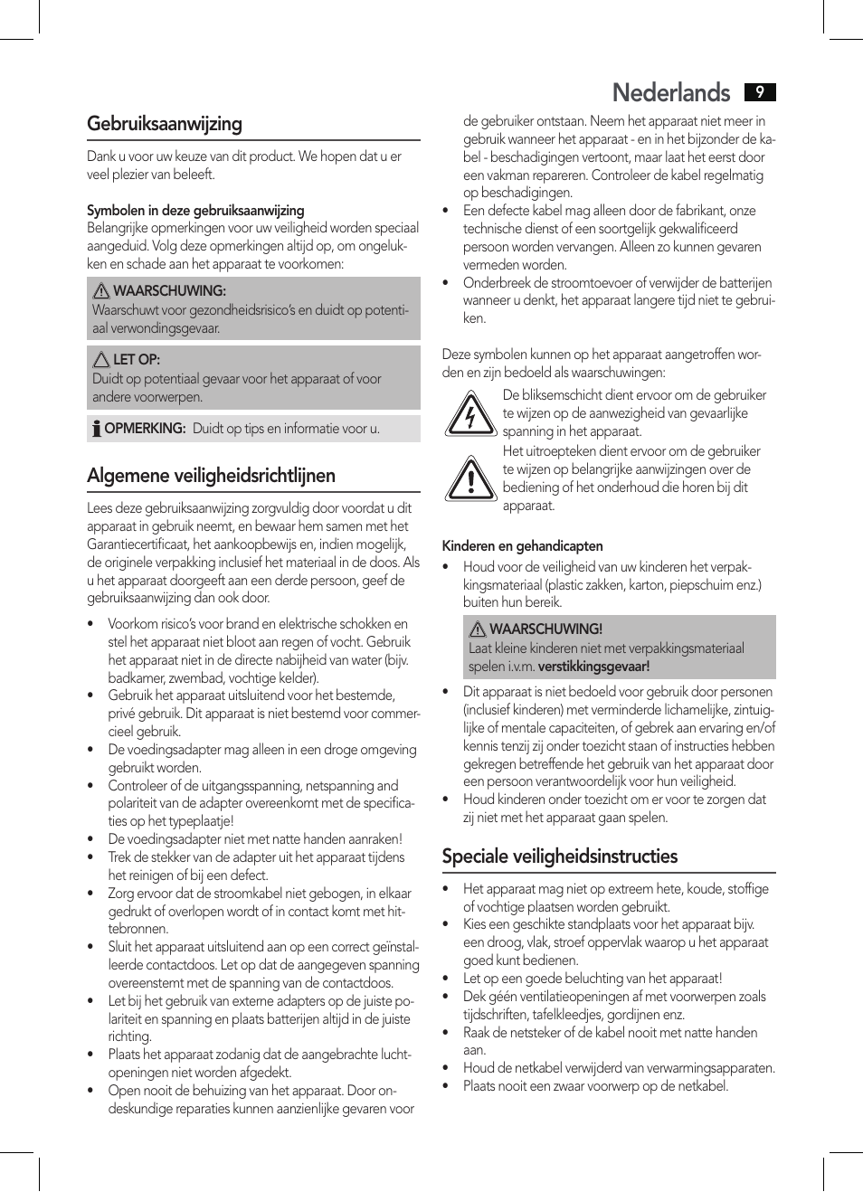 Nederlands, Gebruiksaanwijzing, Algemene veiligheidsrichtlijnen | Speciale veiligheidsinstructies | AEG MMR 4128 User Manual | Page 9 / 34