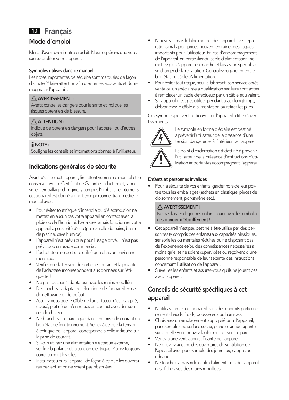 Français, Mode d’emploi, Indications générales de sécurité | Conseils de sécurité spécifiques à cet appareil | AEG DAB 4130 User Manual | Page 10 / 26