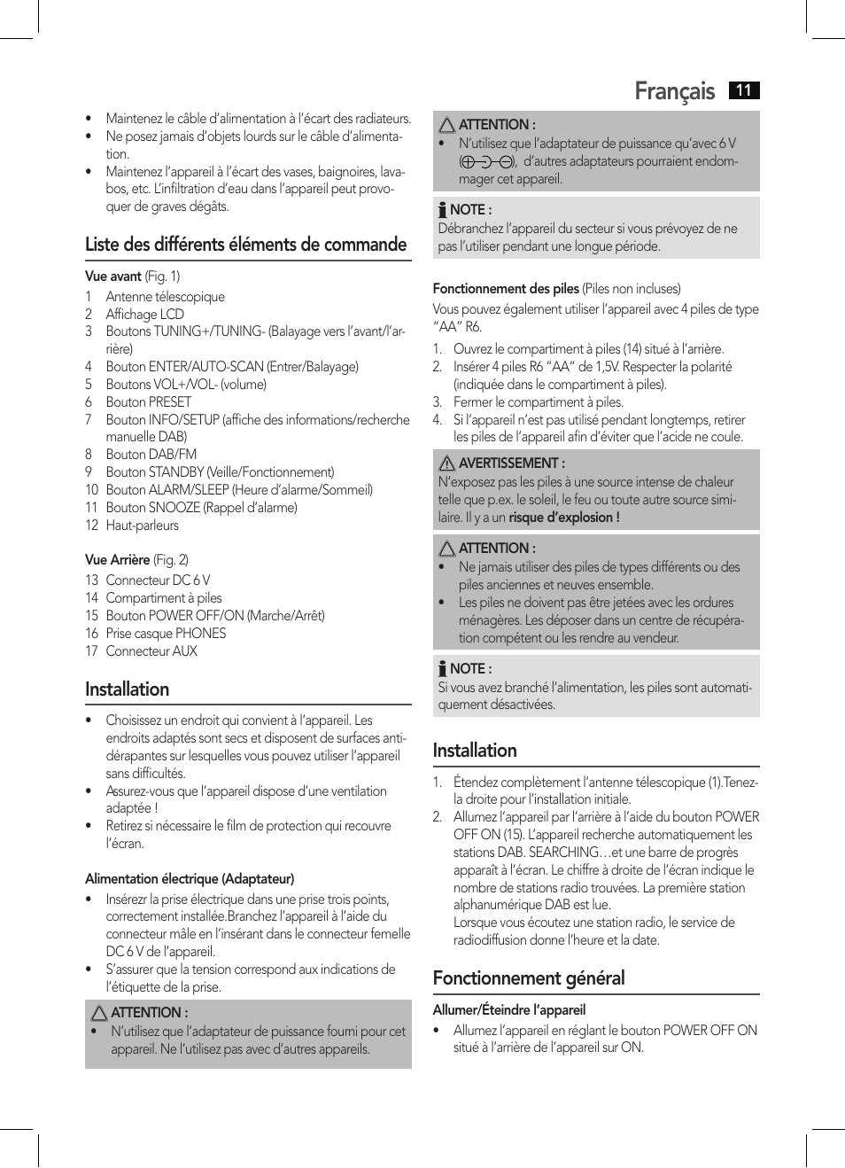 Français, Liste des différents éléments de commande, Installation | Fonctionnement général | AEG DAB 4130 User Manual | Page 11 / 26