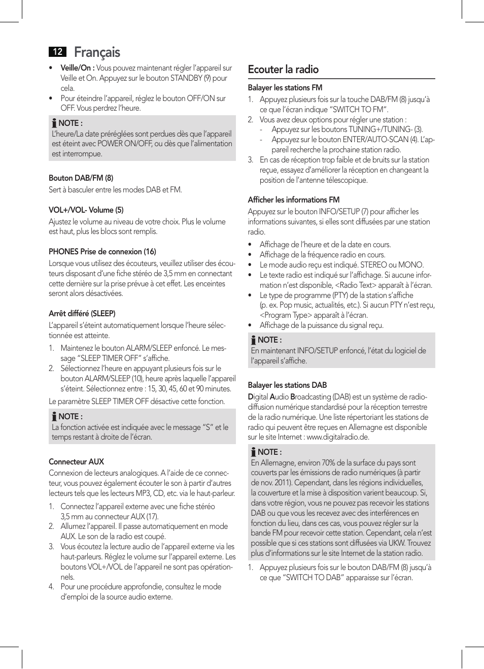 Français, Ecouter la radio | AEG DAB 4130 User Manual | Page 12 / 26