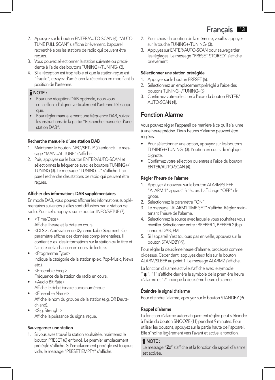 Français, Fonction alarme | AEG DAB 4130 User Manual | Page 13 / 26