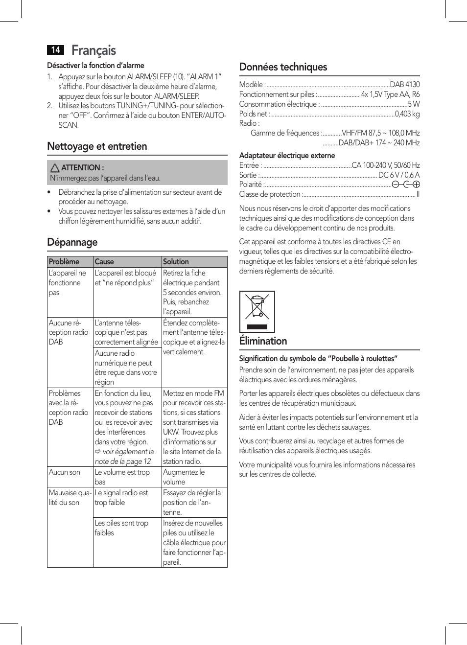 Français, Nettoyage et entretien, Dépannage | Données techniques, Élimination | AEG DAB 4130 User Manual | Page 14 / 26