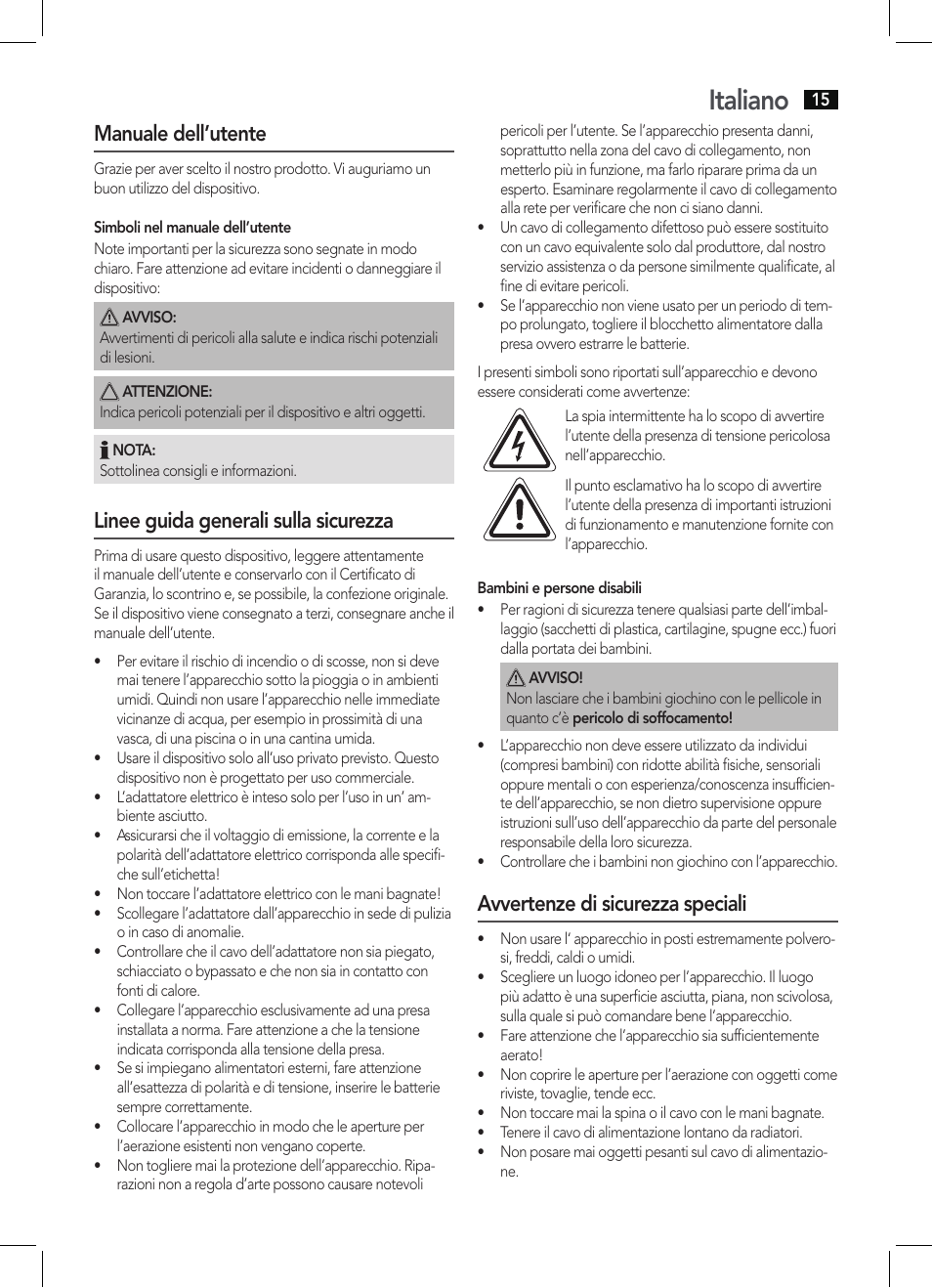 Italiano, Manuale dell’utente, Linee guida generali sulla sicurezza | Avvertenze di sicurezza speciali | AEG DAB 4130 User Manual | Page 15 / 26