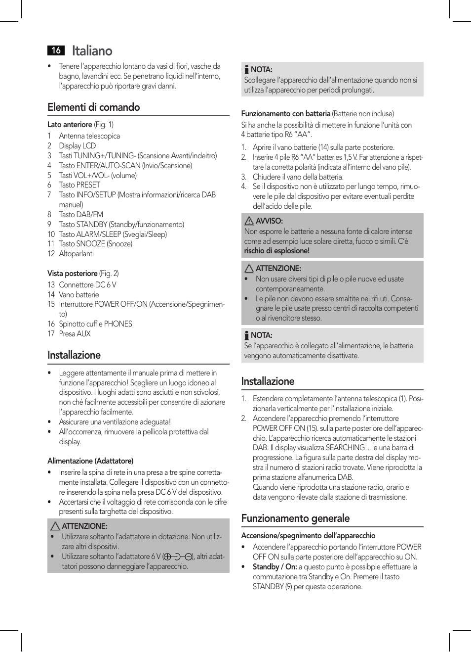 Italiano, Elementi di comando, Installazione | Funzionamento generale | AEG DAB 4130 User Manual | Page 16 / 26