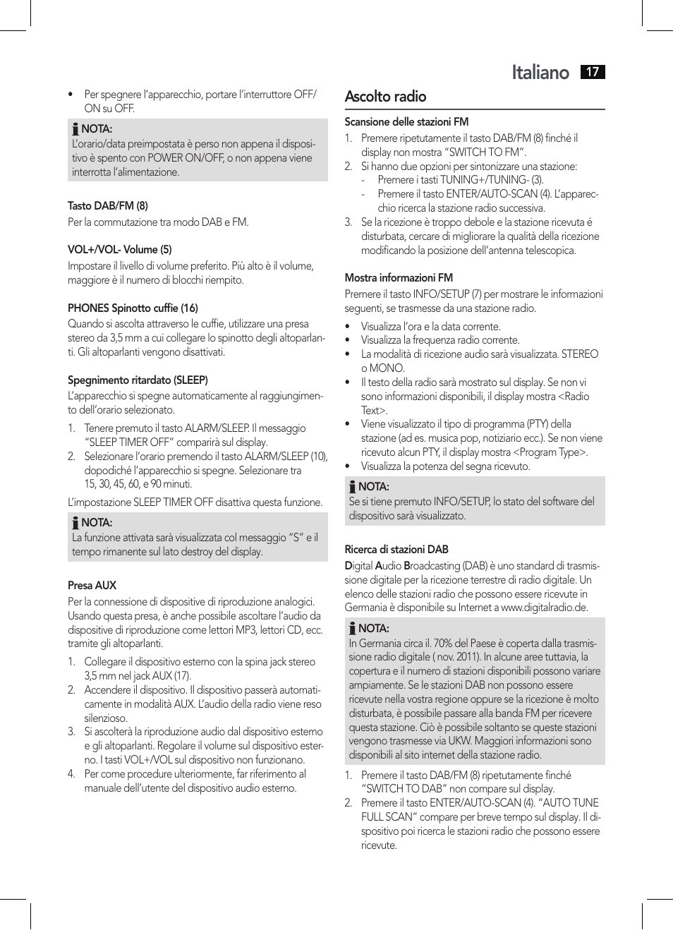 Italiano, Ascolto radio | AEG DAB 4130 User Manual | Page 17 / 26