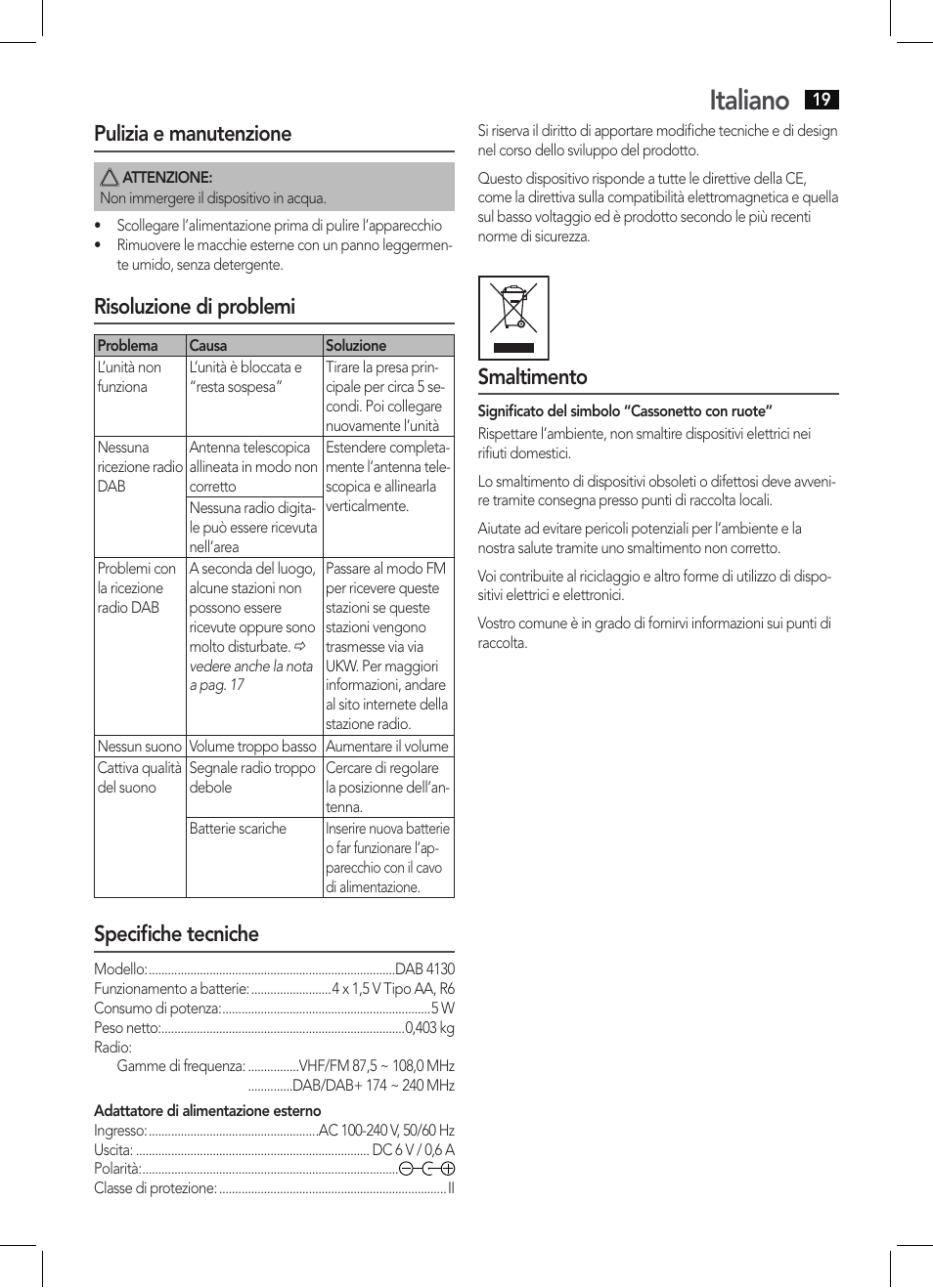 Italiano, Pulizia e manutenzione, Risoluzione di problemi | Specifiche tecniche, Smaltimento | AEG DAB 4130 User Manual | Page 19 / 26