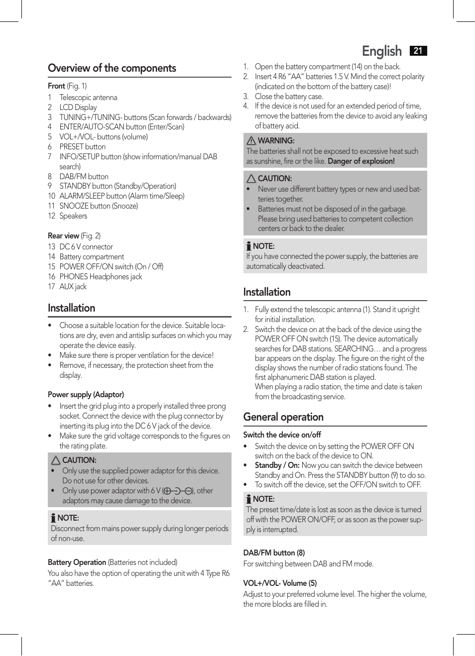 English, Overview of the components, Installation | General operation | AEG DAB 4130 User Manual | Page 21 / 26