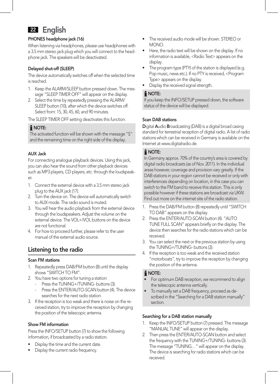 English, Listening to the radio | AEG DAB 4130 User Manual | Page 22 / 26
