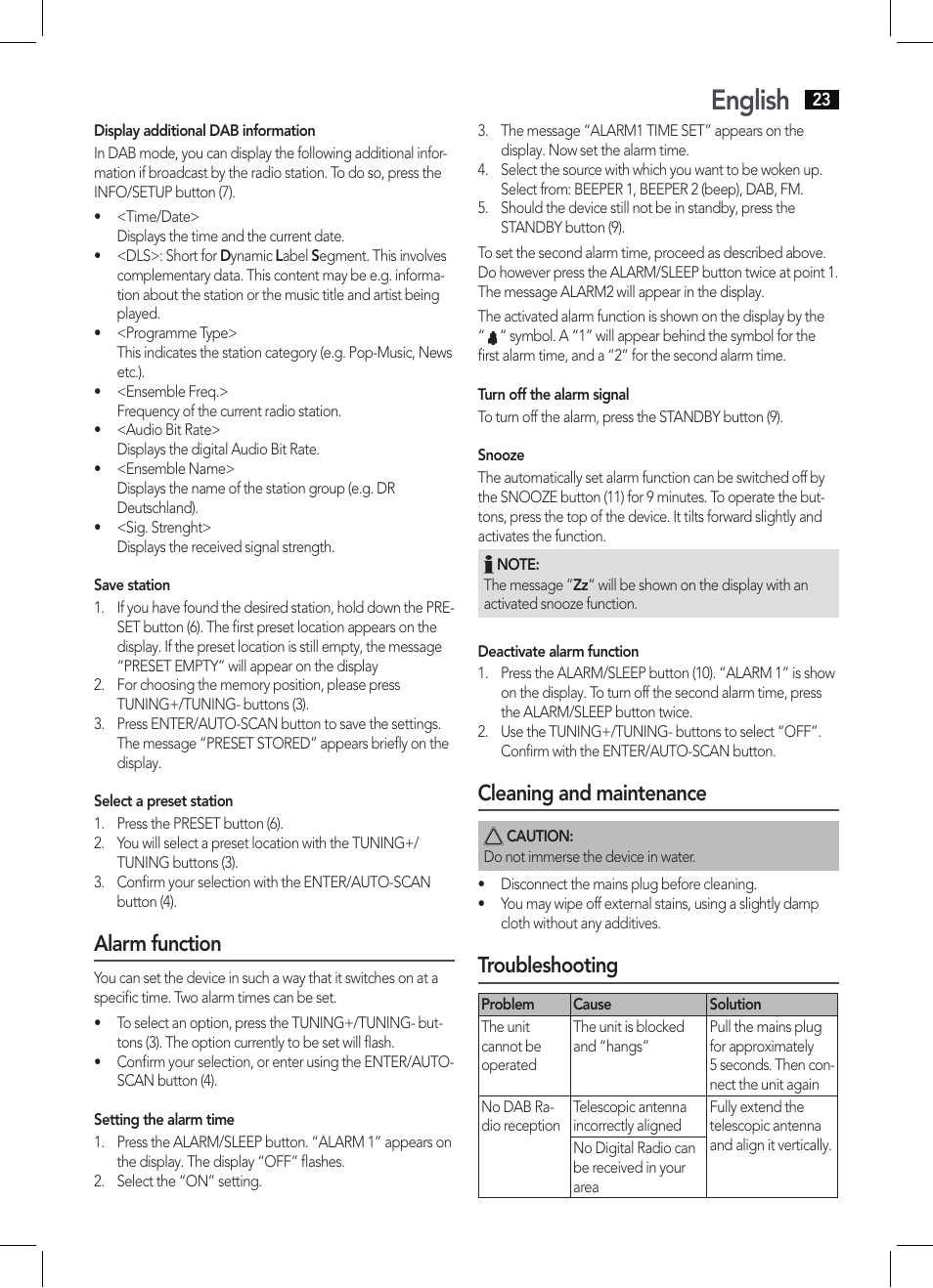 English, Alarm function, Cleaning and maintenance | Troubleshooting | AEG DAB 4130 User Manual | Page 23 / 26