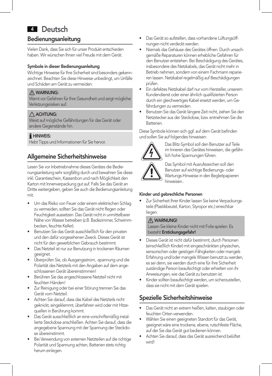 Deutsch, Bedienungsanleitung, Allgemeine sicherheitshinweise | Spezielle sicherheitshinweise | AEG DAB 4130 User Manual | Page 4 / 26