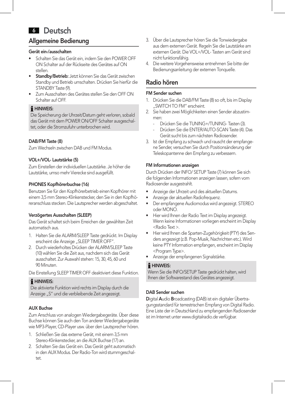 Deutsch, Allgemeine bedienung, Radio hören | AEG DAB 4130 User Manual | Page 6 / 26