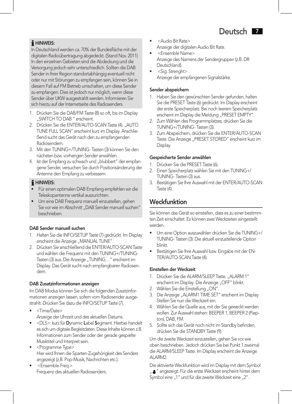 Deutsch, Weckfunktion | AEG DAB 4130 User Manual | Page 7 / 26