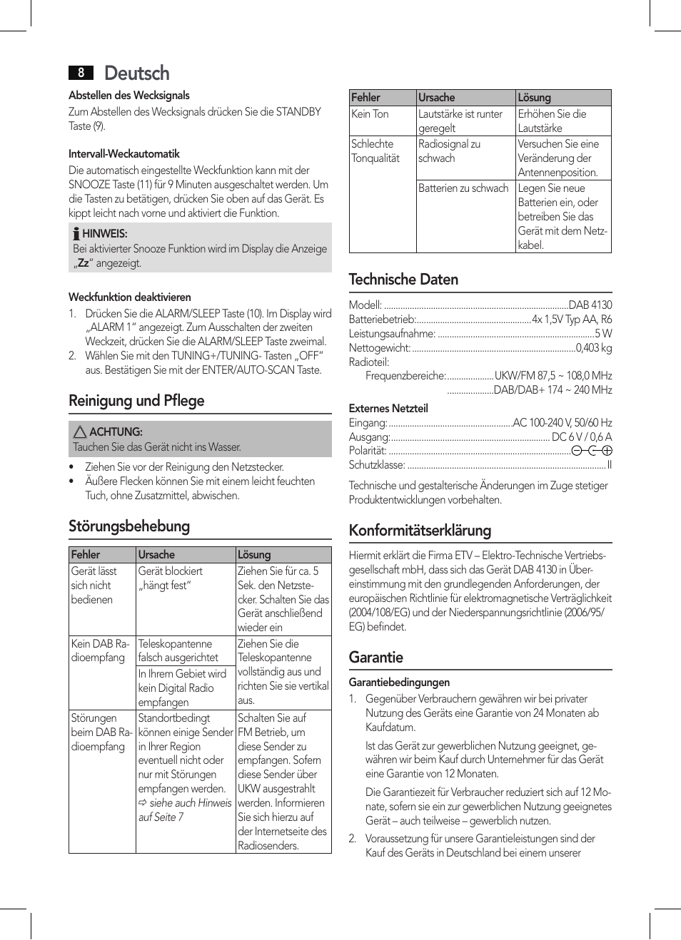 Deutsch, Reinigung und pflege, Störungsbehebung | Technische daten, Konformitätserklärung, Garantie | AEG DAB 4130 User Manual | Page 8 / 26