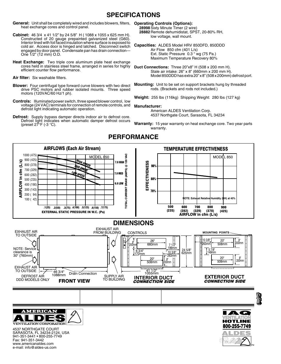 Specifications performance dimensions, Airflows (each air stream), Temperature effectiveness | Front view, Exterior duct, Interior duct | American Aldes HRV 700SDD User Manual | Page 7 / 17