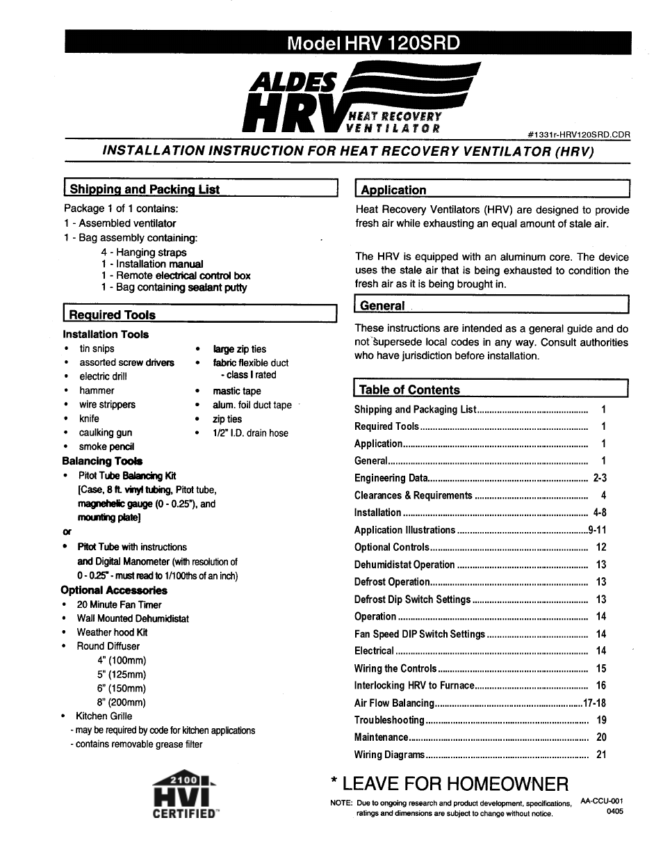 American Aldes Heat Recovery Ventilator HRV 120SRD User Manual | 24 pages