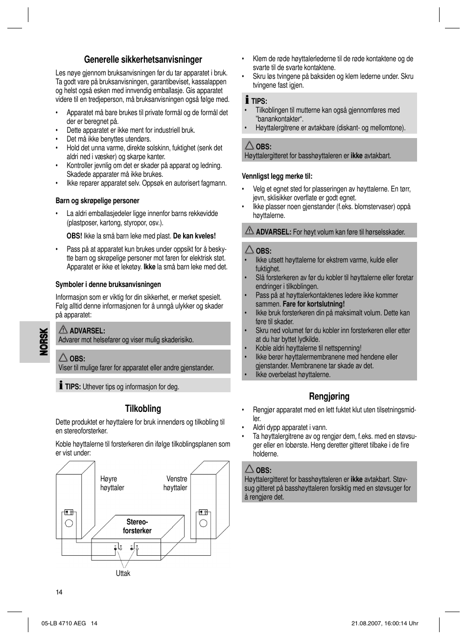 Tilkobling, Rengjøring | AEG LB 4710 User Manual | Page 14 / 28