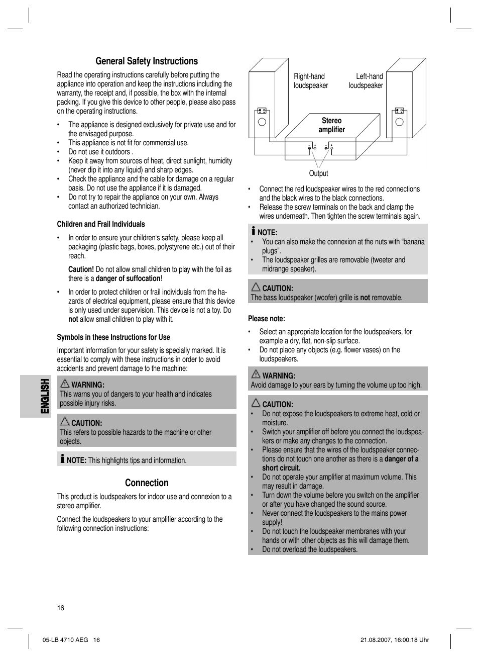 En g l is h english, General safety instructions, Connection | AEG LB 4710 User Manual | Page 16 / 28