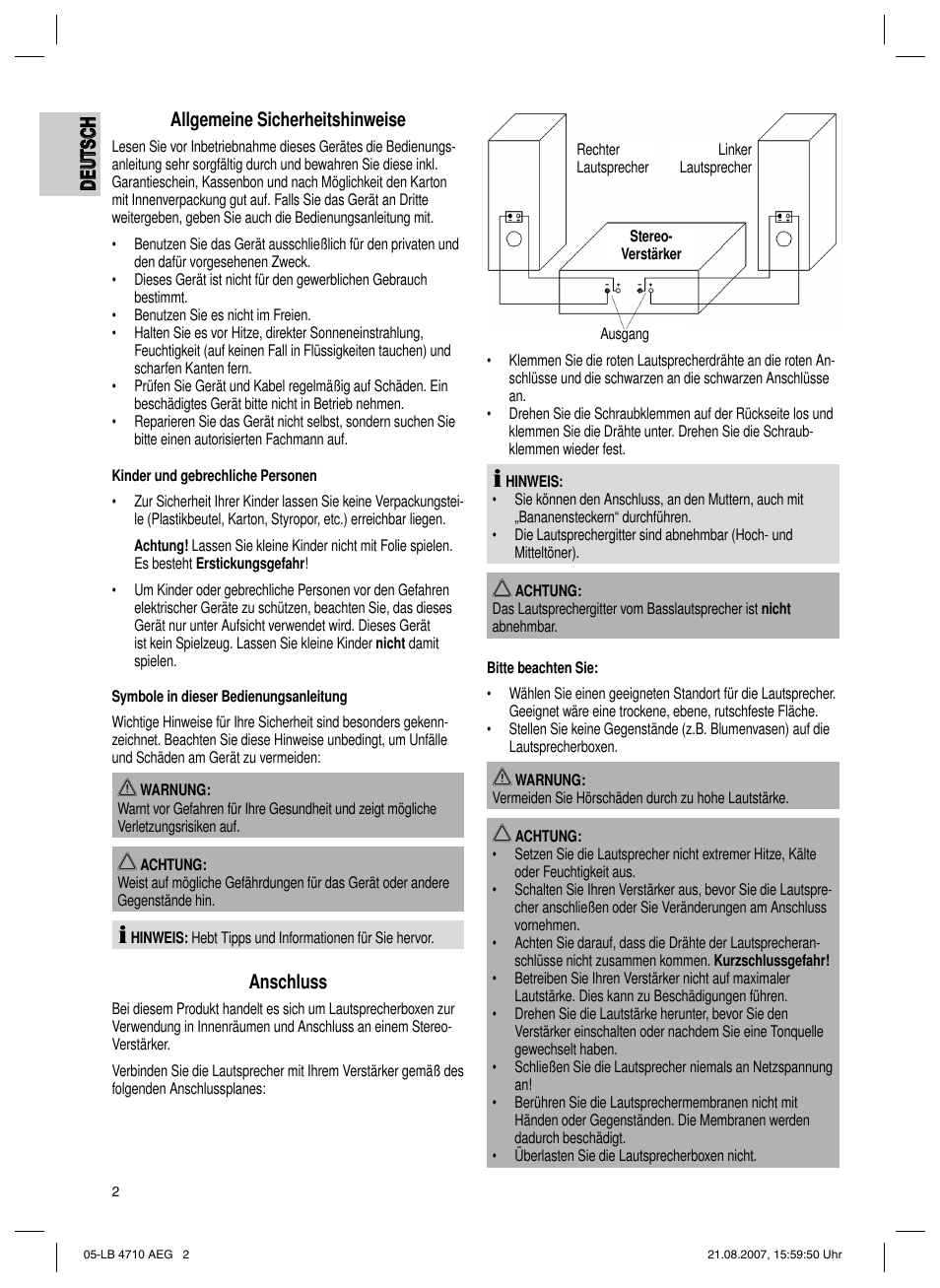 Anschluss | AEG LB 4710 User Manual | Page 2 / 28