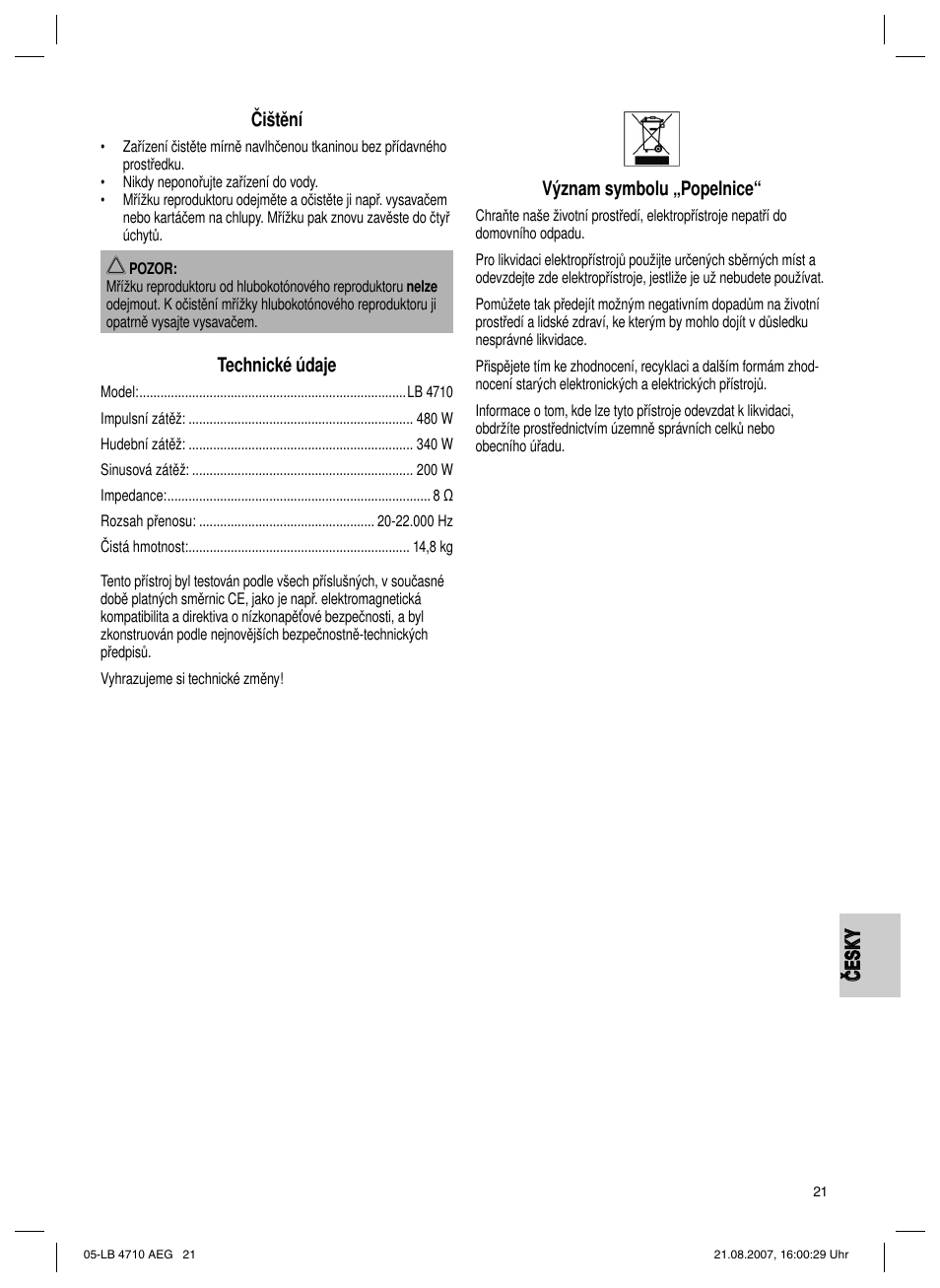 Technické údaje, Význam symbolu „popelnice | AEG LB 4710 User Manual | Page 21 / 28