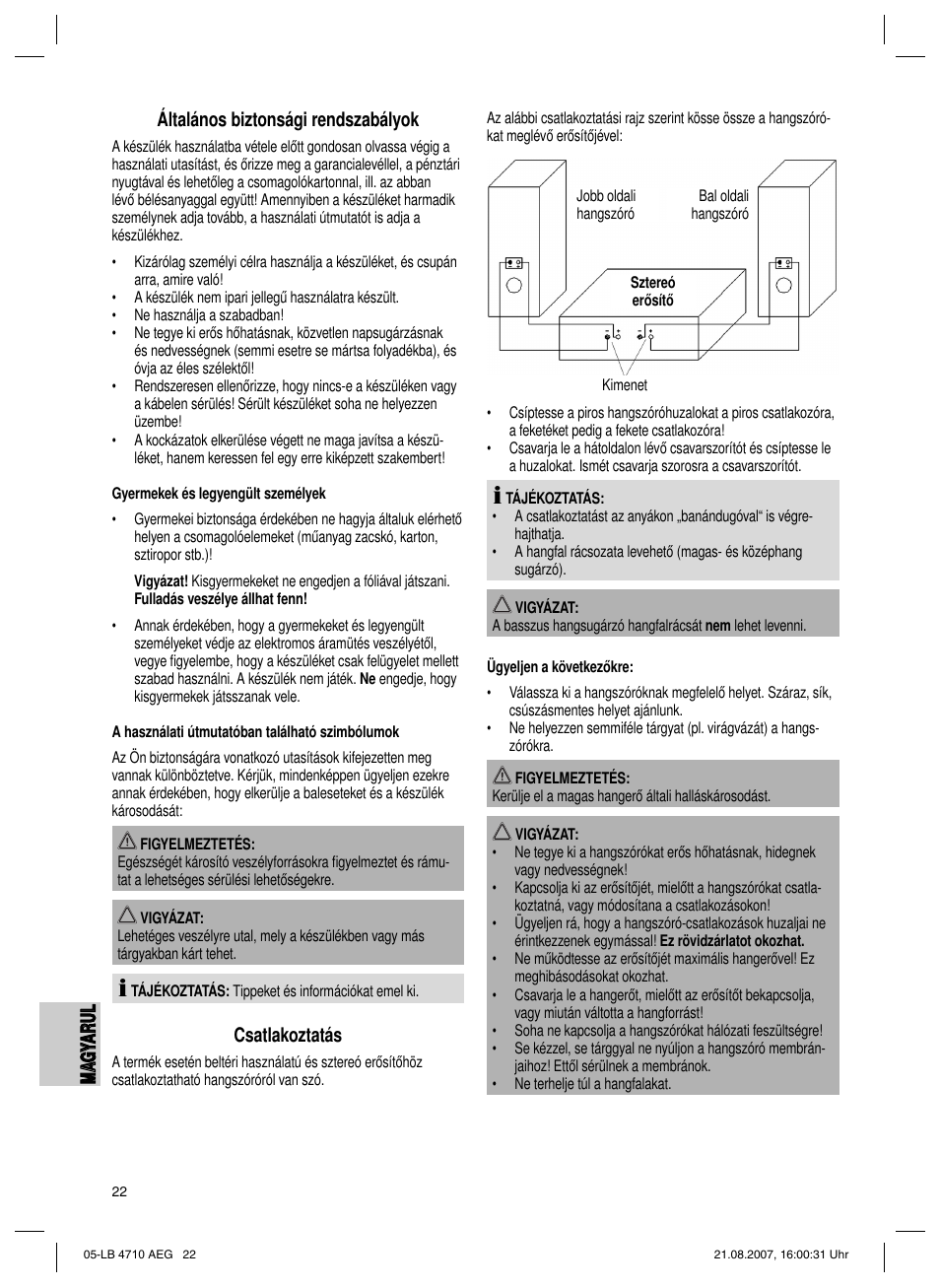 Csatlakoztatás | AEG LB 4710 User Manual | Page 22 / 28