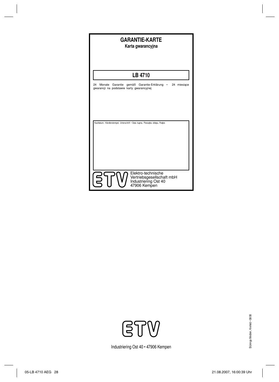 Garantie-karte, Lb 47, Karta gwarancyjna | AEG LB 4710 User Manual | Page 28 / 28