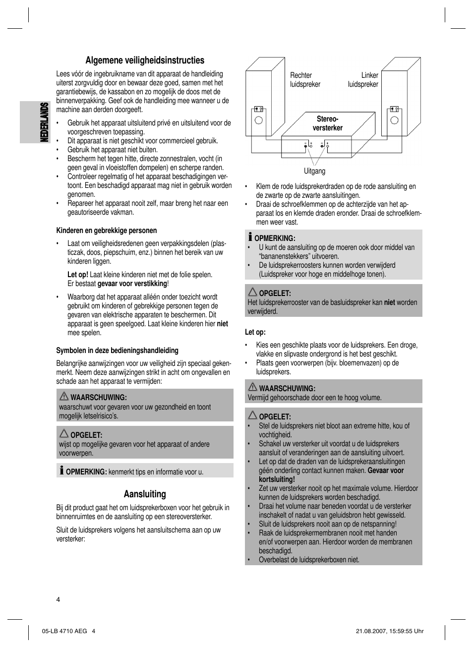 Aansluiting | AEG LB 4710 User Manual | Page 4 / 28