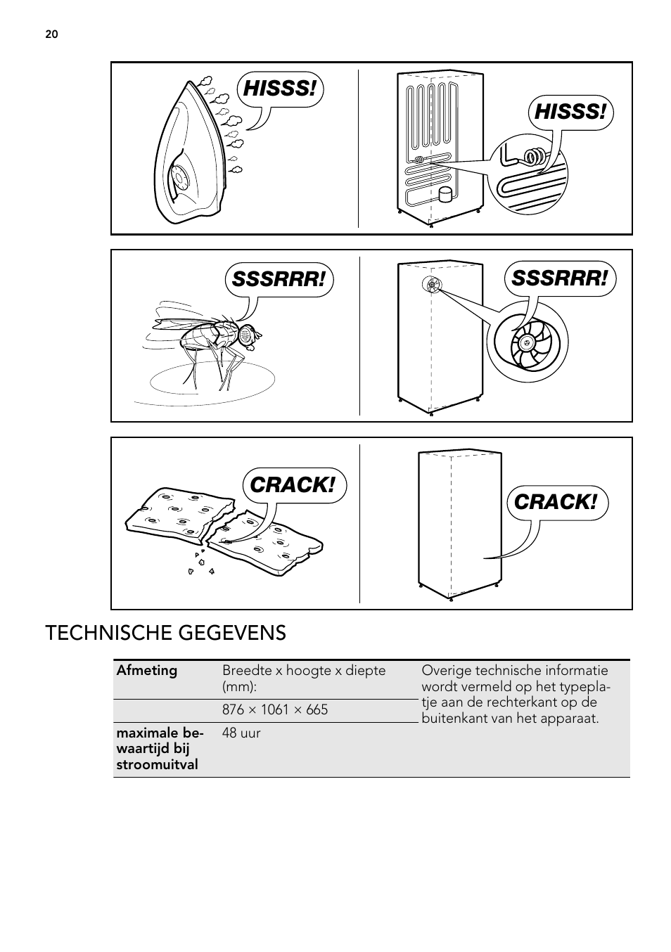 Hisss, Sssrrr, Crack | Technische gegevens | AEG A61900HLW0 User Manual | Page 20 / 84